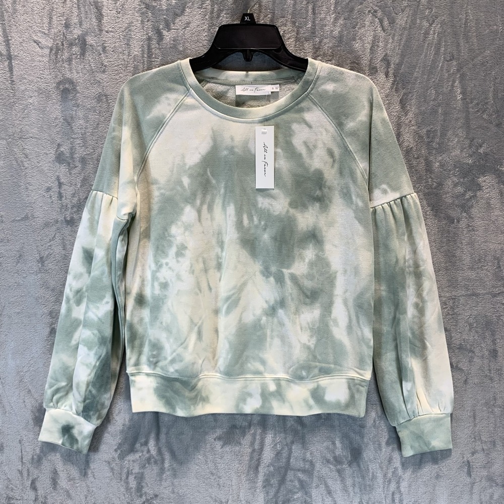 All in Favor Womens Sweatshirt Top Sage Green Tie Dye Balloon Sleeve Crew Neck S